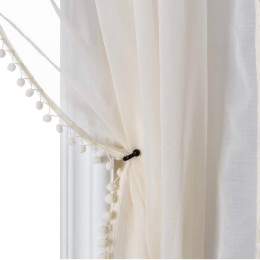 NWT Sheer Ivory curtain panels with pom pom trim - set of 2